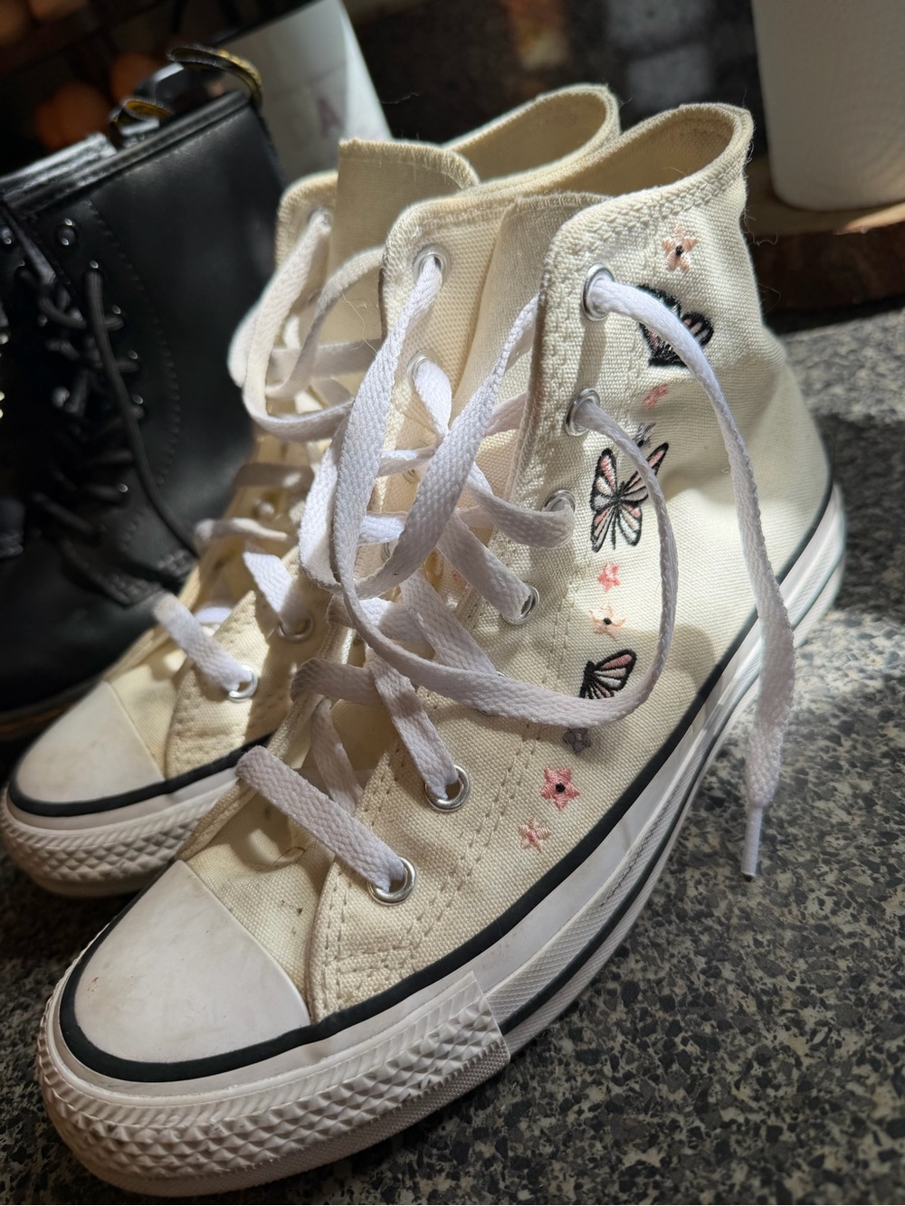 Converse Cream High-Top Sneakers with Pink & Black Butterfly Embroidery